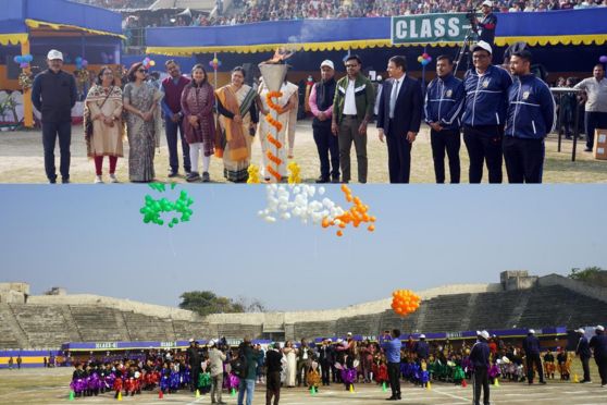 Lighting of the torch, and release of tricolor balloons symbolising freedom and unity at the event.