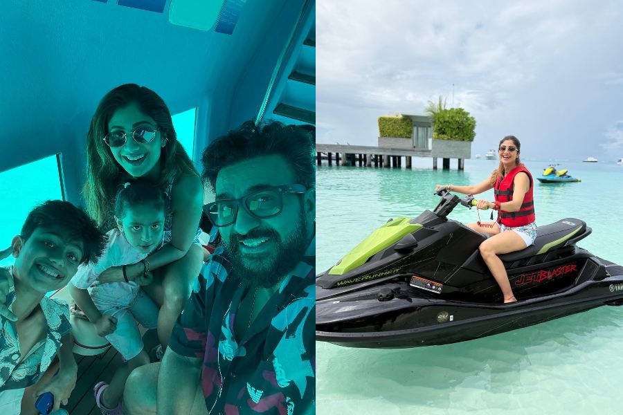 Shilpa and Raj explored the ocean depths with their kids Viaan and Samisha in a submarine in the Maldives. The Indian Police Force actress also enjoyed a jet ski ride.  
