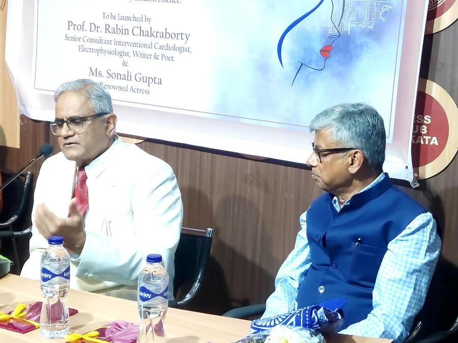 Dr. Rabin Chakraborty (L), senior consultant interventional cardiologist and electrophysiologist speaks on the occasion. Dr. Chakraborty is also the author of 11 books. He is a regular poetry writer for a number of Bengali magazines, and has written short stories for Puja Sankhyas
