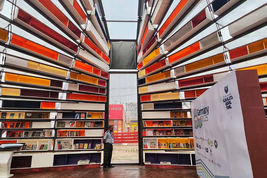 A sneak peek inside the German pavilion at the Book Fair — the first-day glimpse shows a pavilion under preparation. The book racks are yet to be filled and stalls will be buzzing with busy footsteps of book lovers from not just Kolkata but neighbouring districts, too, who make it a point to visit the fair every year. Around a thousand publishing houses and little magazines are participating this year. Countries like the USA, UK, Russia, Spain, France, Argentina, Peru, Guatemala, Costa Rica and Nepal will have stalls at the Book Fair