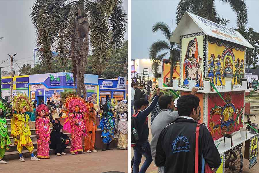 Celebrating the intangible cultural heritage of Bengal is one of the key goals of the Book Fair. To keep the tradition alive, Chhau masks of Purulia and paintings from the Bengal School of Art are on display