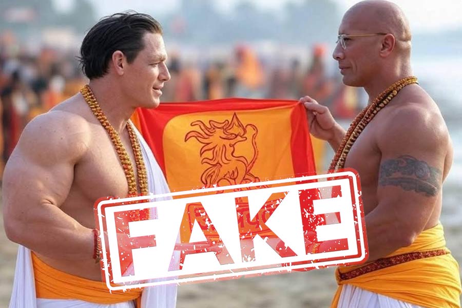 Fake image of John Cena and Dwayne Johnson at Mahakumbh