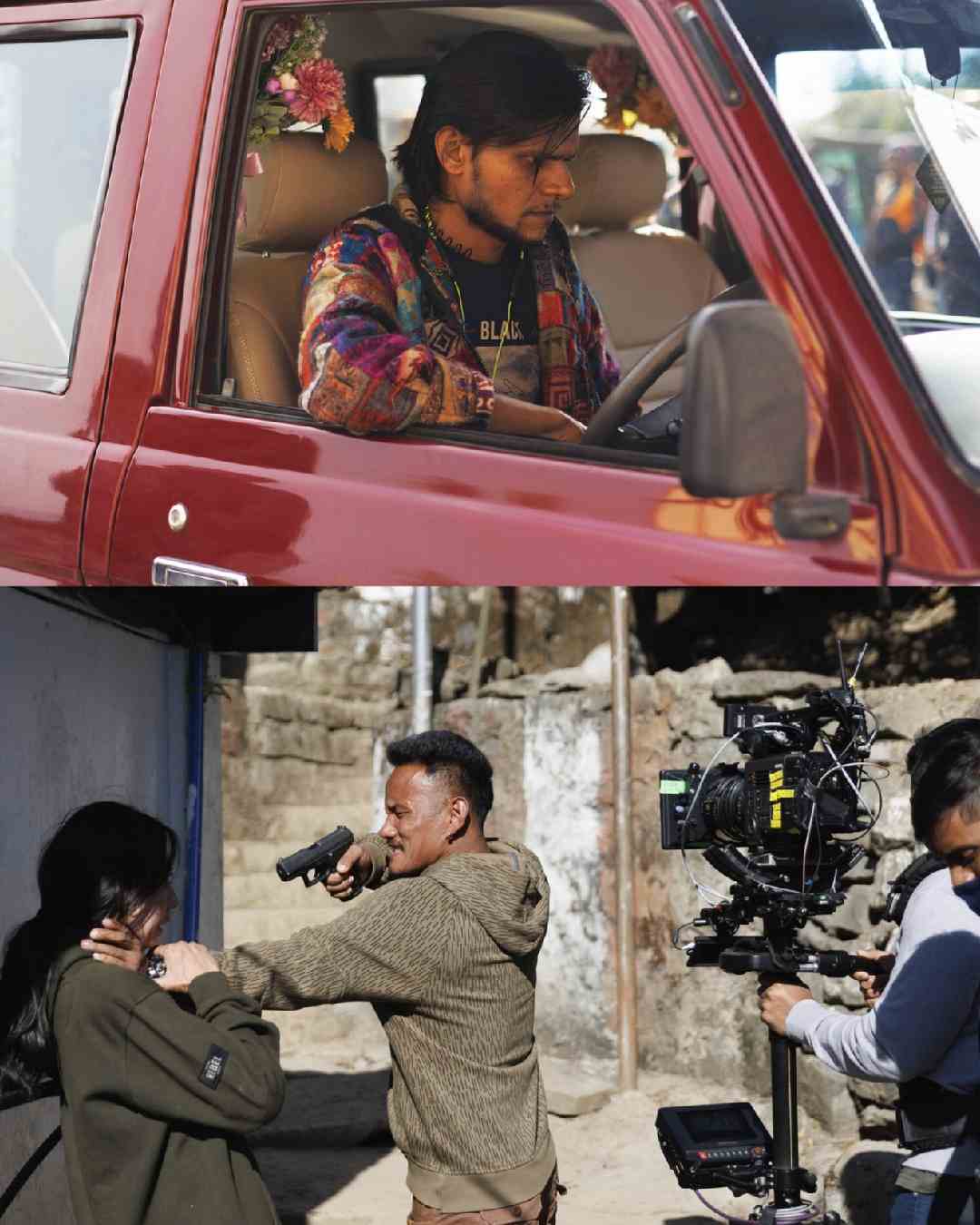 Prateek Pachauri holds Merenla Imsong at gunpoint during the shooting of a scene. While Prateek plays Bittu Rahman, Merenla essays the role of Roze Lizo, Jonathan Thom’s mistress.  