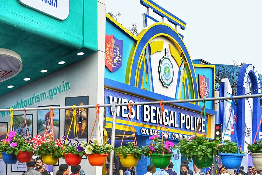 Flowers and plants adorn the stall of West Bengal Police at the International Kolkata Book Fair to spread their ‘Clean and Green’ campaign message
