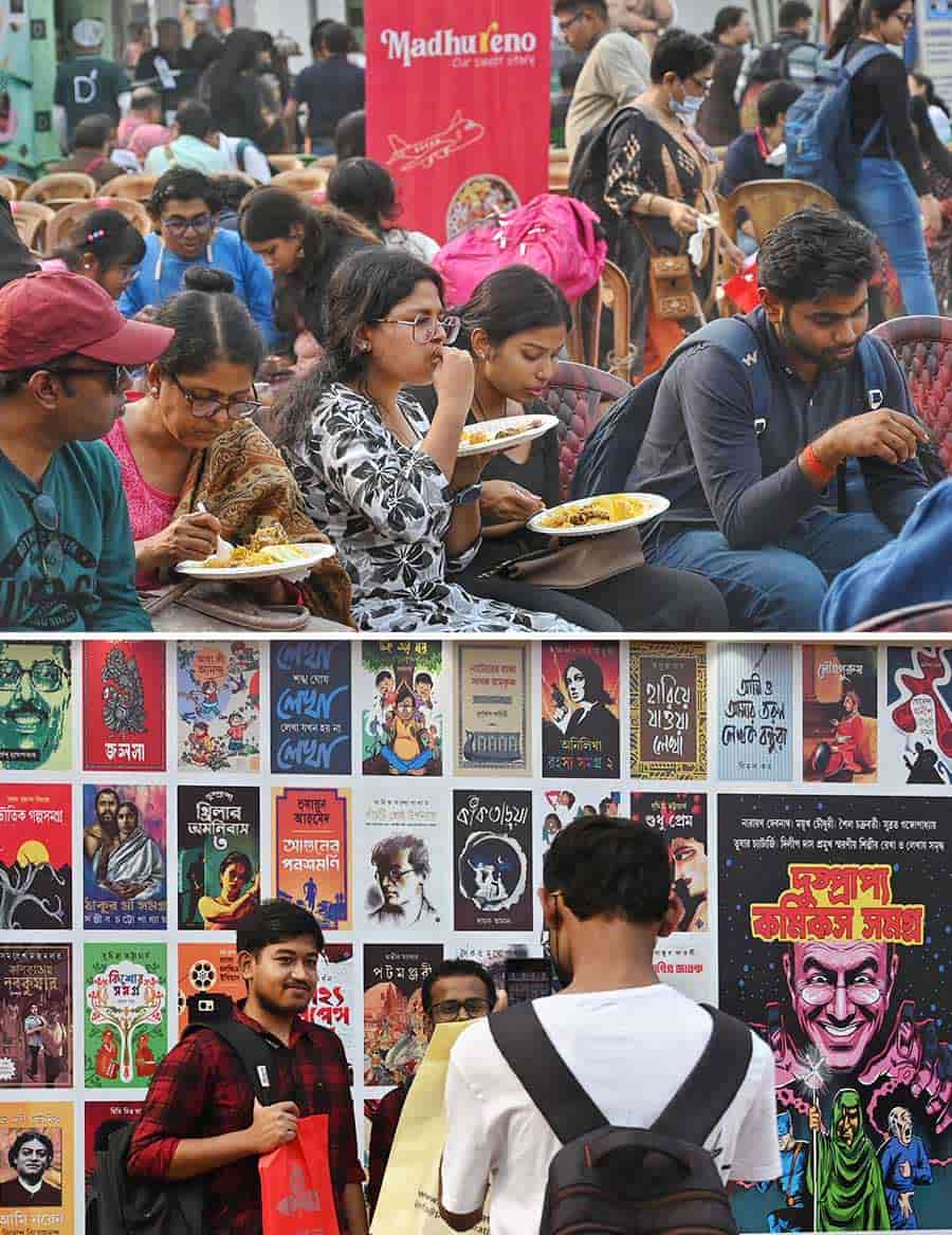 (Top) Book fair attendees took a break and indulged in a gastronomic experience and (above) three youngsters stopped for a photo session at the ‘boi mela’ to document the memory