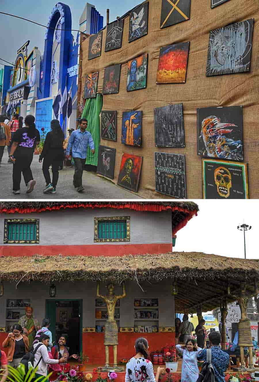 Graphic art adorned the wall of a book stall  and (right) a book stall replicated the traditional mud huts of Bengal. A ‘dokra’ figurine installation adds to the visual attraction