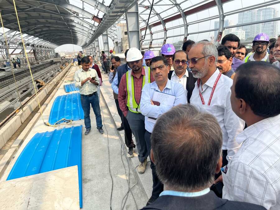 Metro Railway Kolkata general manager P Uday Kumar Reddy inspected the work progress on the stretch between Jai Hind Bimanbandar station (airport) and IT Centre station (Salt Lake) of Orange Line on Thursday. Senior officers of Metro Railway and Rail Vikas Nigam Limited accompanied him during the inspection