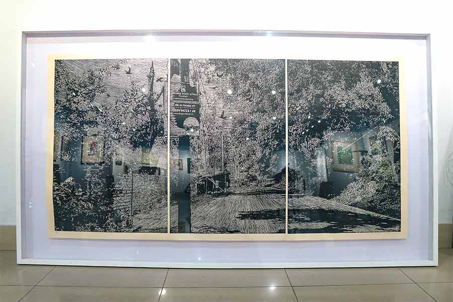 Chandan Tez Baruah’s artwork 'SE: Somewhere in the Northeast, P - III' (woodcut, triptych)