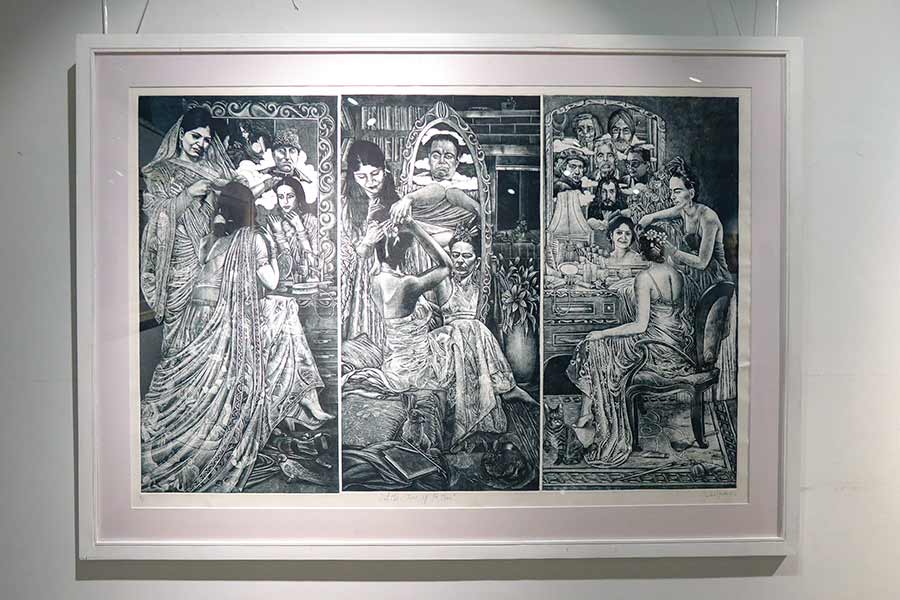 Sushma Yadav’s 'Let Me Dress For Mine' (etching, triptych)