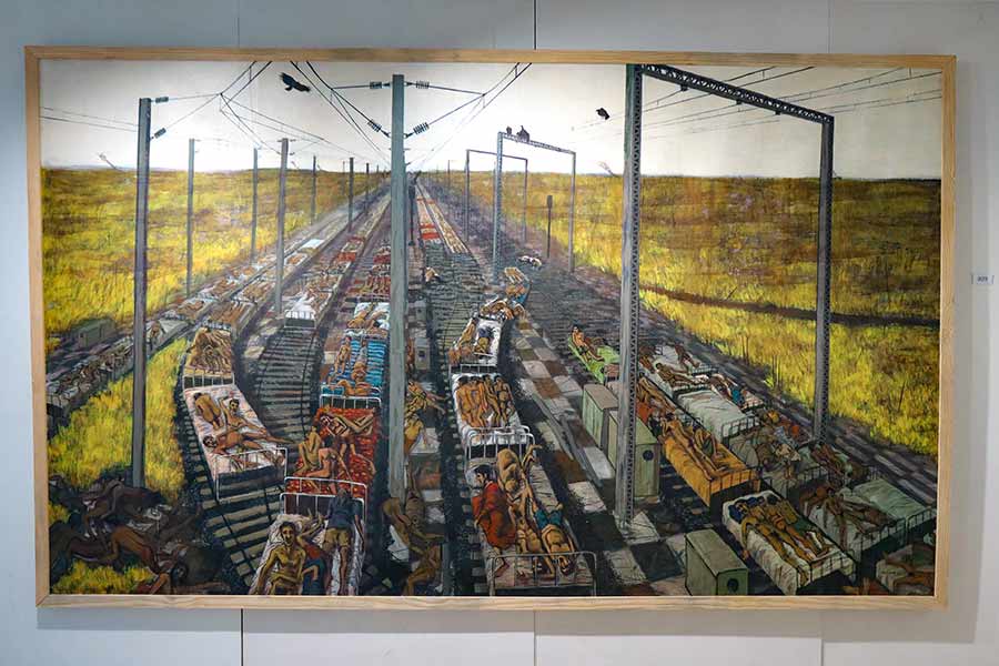 Kamalendu Paul's 'Tragic Circus' (acrylic, charcoal and Fevicol)