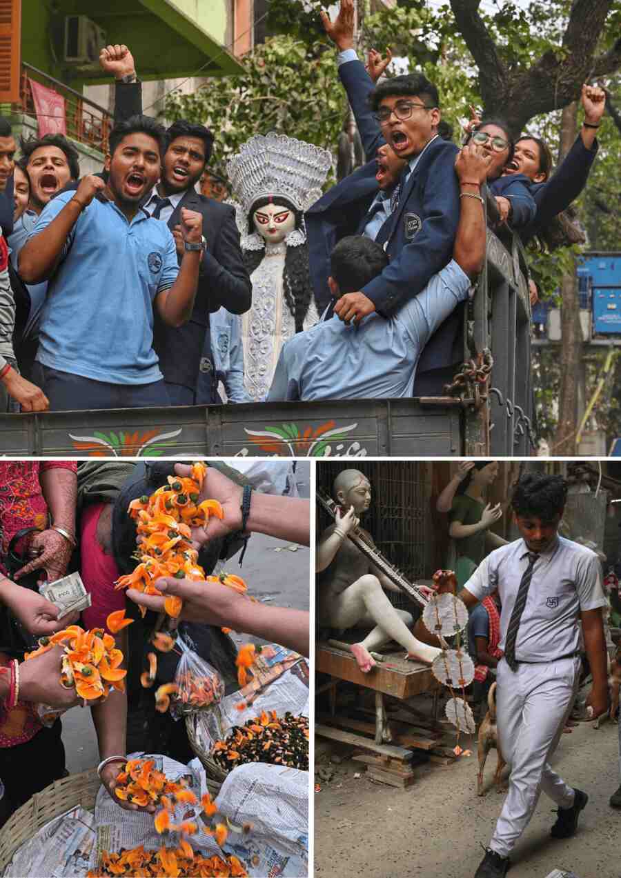 (Clockwise) Saraswati idols en route from the artists’ studios in Kumartuli to different education institutions and clubs. The puja of the goddess of learning falls on Sunday and Monday this year.  Palash flowers selling at Rs 150 per kg at Mullick Ghat flower market under Howrah bridge. The flowers are used to worship goddess Saraswati and are usually sourced from Bihar