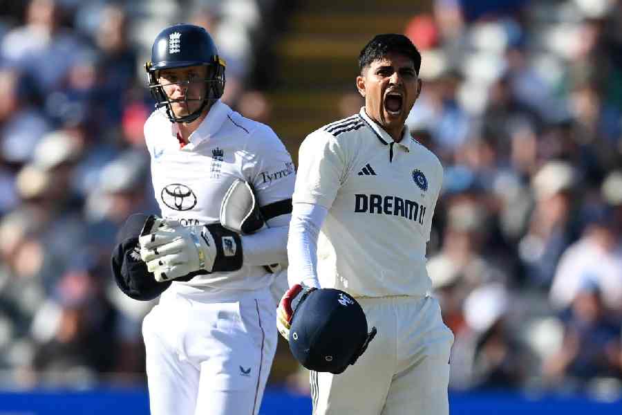 India captain Shubman Gill celebrates reaching his century during day one of the 2nd Rothesay Test Match between England and India