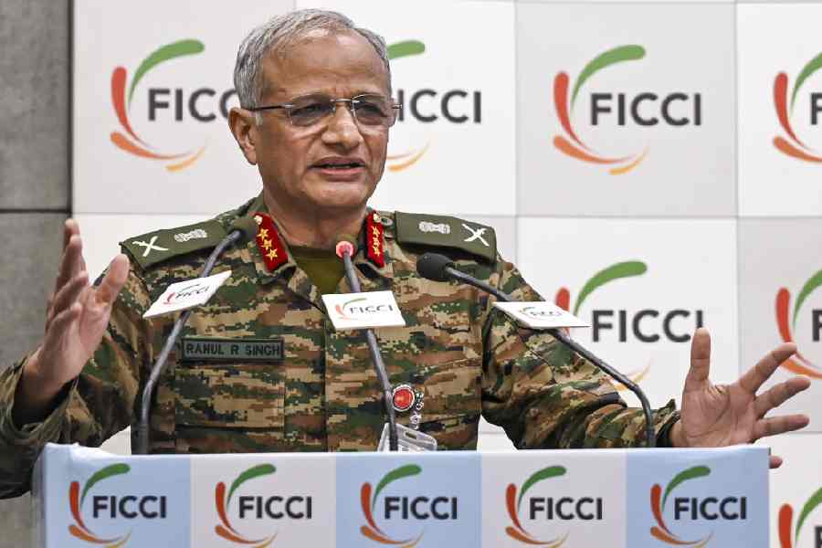 Deputy Chief of Army Staff Lt General Rahul R. Singh speaks during a conference-cum-exhibition on 'New Age Military Technologies: Industry Capabilities & Way Forward' organised by FICCI, in New Delhi, Friday, July 4, 2025.