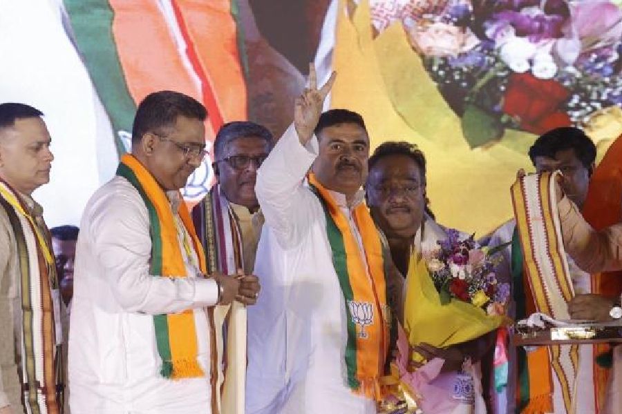 Suvendu Adhikari and Samik Bhattacharya after the latter was announced as the new BJP state president