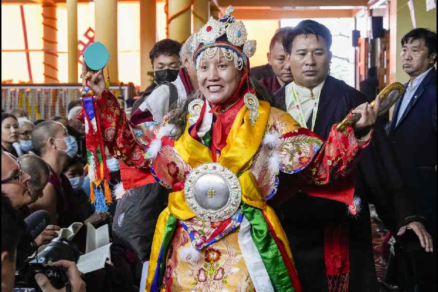The Oracle takes part in the long life prayer ceremony for Tibetan spiritual leader the Dalai Lama ahead of his 90th birth anniversary, at Tsuglagkhang, the main Dalai Lama temple, McLeodganj,