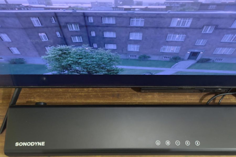With Dolby Atmos height rendering, the dialogue seems to come from the TV and above