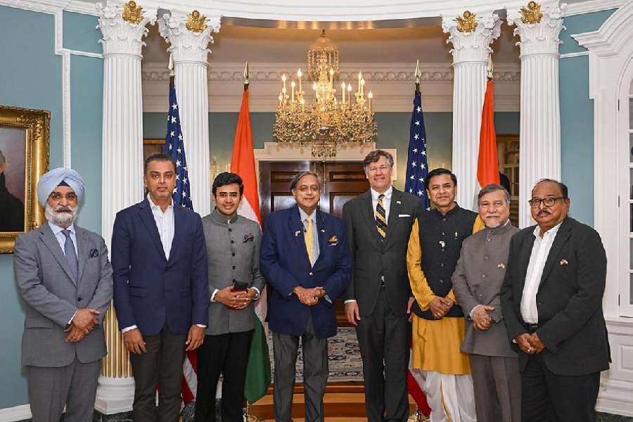 A multi-party delegation of India, led by Congress MP Shashi Tharoor, during a meeting with US Deputy Secretary of State Christopher Landau, in USA.