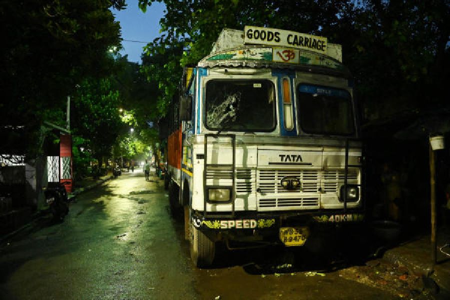 A truck with a damaged windshield near New Alipore police station on Wednesday
