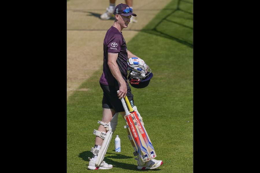 England's Harry Brook during a practice session ahead of the third test cricket match between India and England, at the Lord's Cricket Ground, in London.