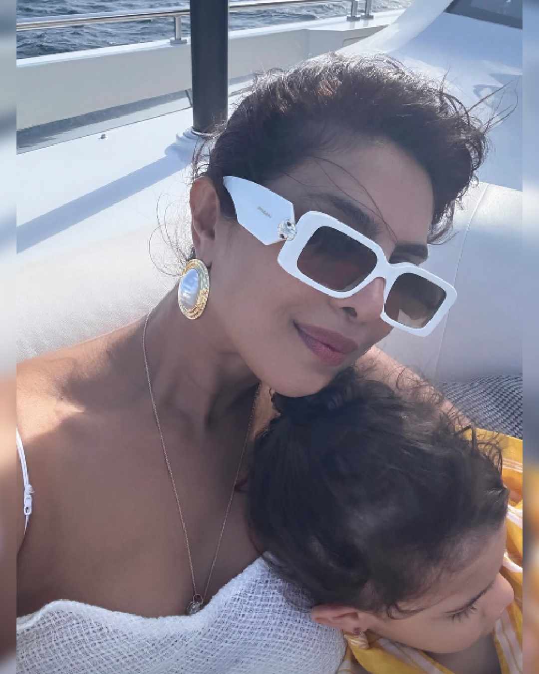 Priyanka enjoyed a yacht ride with Malti on the trip. While Priyanka looked stunning in a white beach dress, Malti twirled in a yellow outfit. 