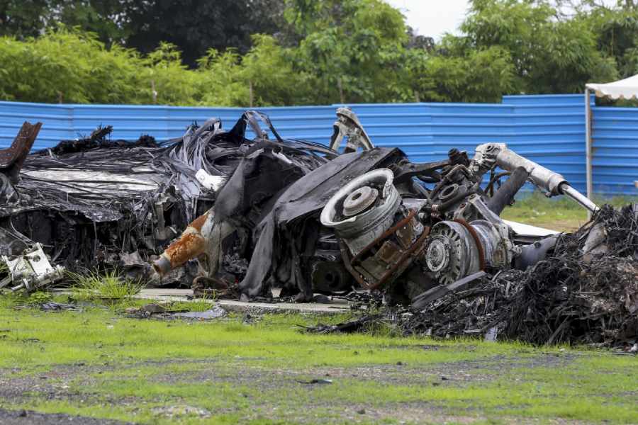 Wreckage of Air India's Boeing 787-8 aircraft, which was operating flight AI 171 from Ahmedabad to London, placed under tight security, seen a month after the tragedy, in Ahmedabad, Saturday, July 12, 2025.