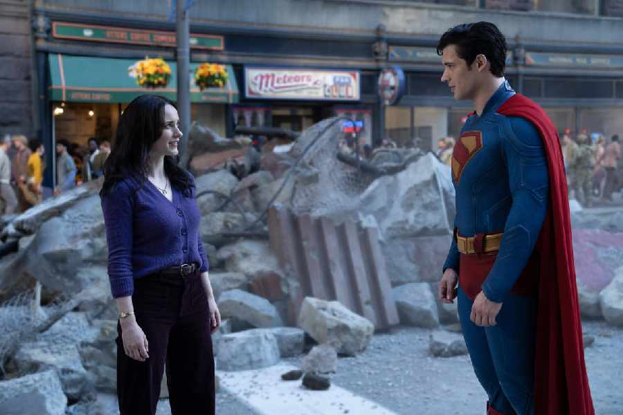 Rachel Brosnahan as Lois Lane with Savid Corenswet's Superman in Superman, playing in cinemas.