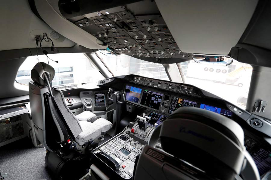 FILE PHOTO: The cockpit of a Singapore Airlines' Boeing 787-10 Dreamliner is pictured after a delivery ceremony at the Boeing South Carolina plant in North Charleston