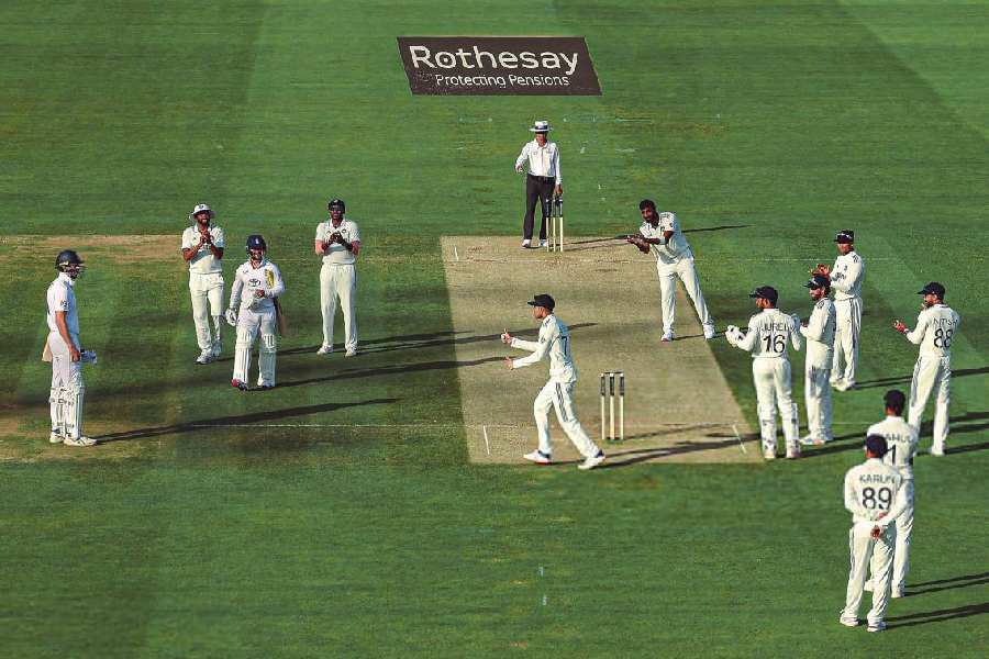 The Indian players confronting the alleged time-wasting tactics of Zak Crawley (extreme left) in the closing stages of play on Day III at Lord’s. The incident added to the intensity of the contest between the two teams.