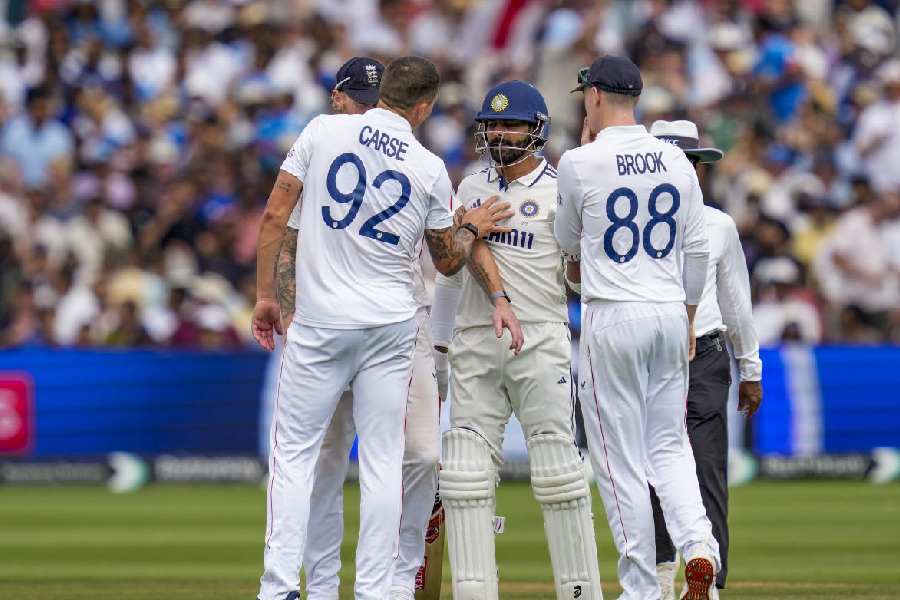 England’s Brydon Carse and India’s Ravindra Jadeja during an altercation after the two collided on the pitch during the fifth day’s play at Lord’s