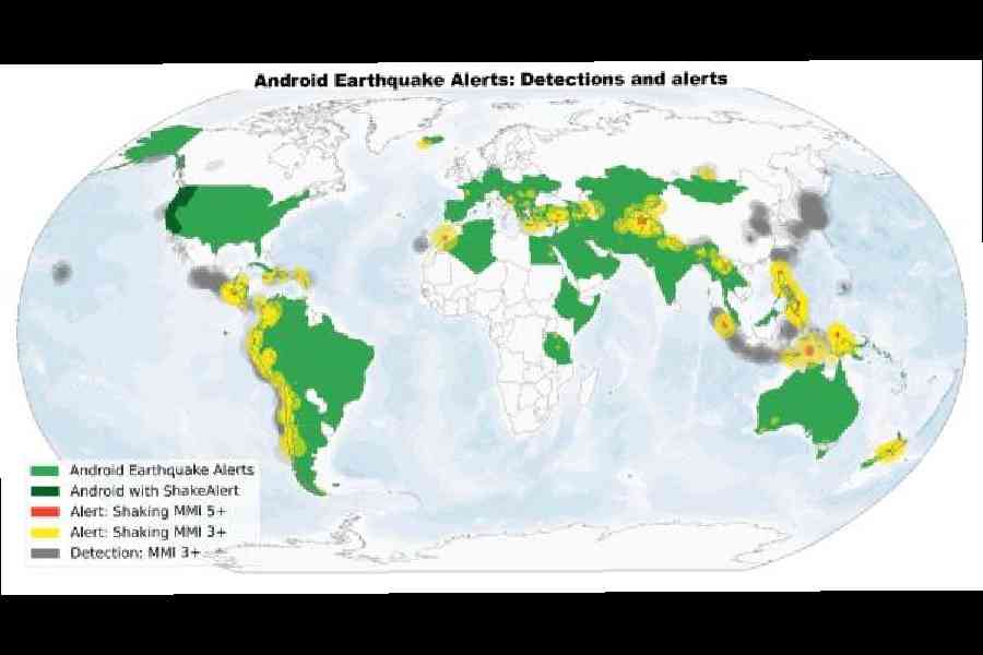 Light green areas show the countries where the Android Earthquake Alerts System is currently detecting and delivering alerts. The areas alerted in individual earthquakes are shown in red where there was strong shaking (Modified Mercalli Intensity (MMI) 5+) and yellow for lighter shaking (MMI 3-4). The grey circles indicate other Android detections in regions where alerts were not issued. Android also delivers alerts generated by ShakeAlert in California, Oregon and Washington (dark green). Picture: Google Research