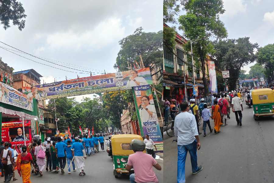 Nirmal Chandra Road, running parallel to Central Avenue, was congested as well, with several supporters, most dressed in blue shirts and white dhotis, marched with flags in hand. Stages created across town like the pictured were spots to receive information and act as water stations 