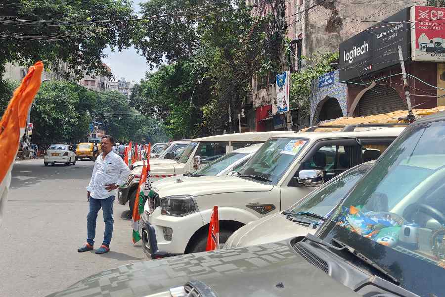 Ganesh Chandra Avenue turned into a makeshift parking lot with cars having TMC flags parked all the way up to Hind Inox