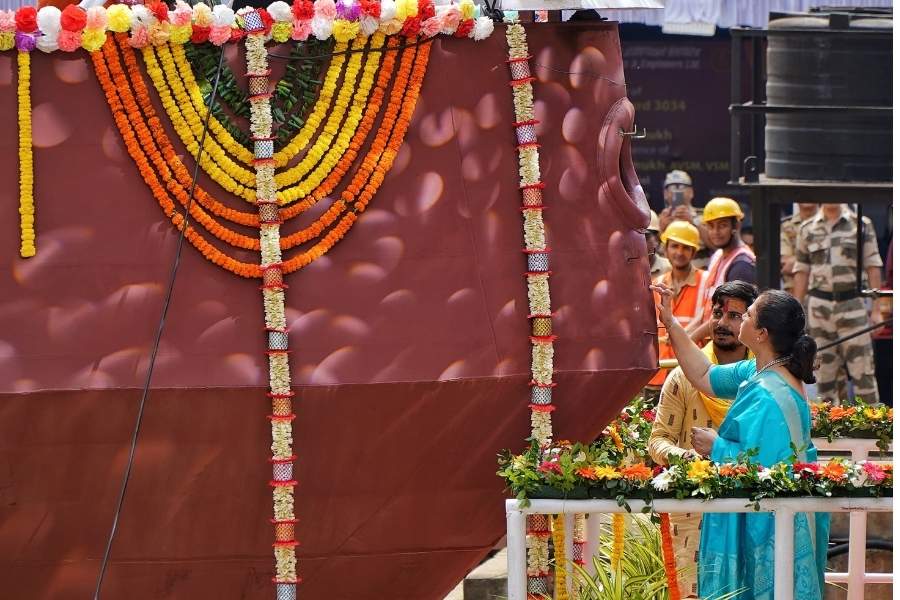 The ship, named Ajay, was launched by Priya Deshmukh, wife of Vice Admiral Kiran Deshmukh, AVSM, VSM, Chief of Materiel, Indian Navy