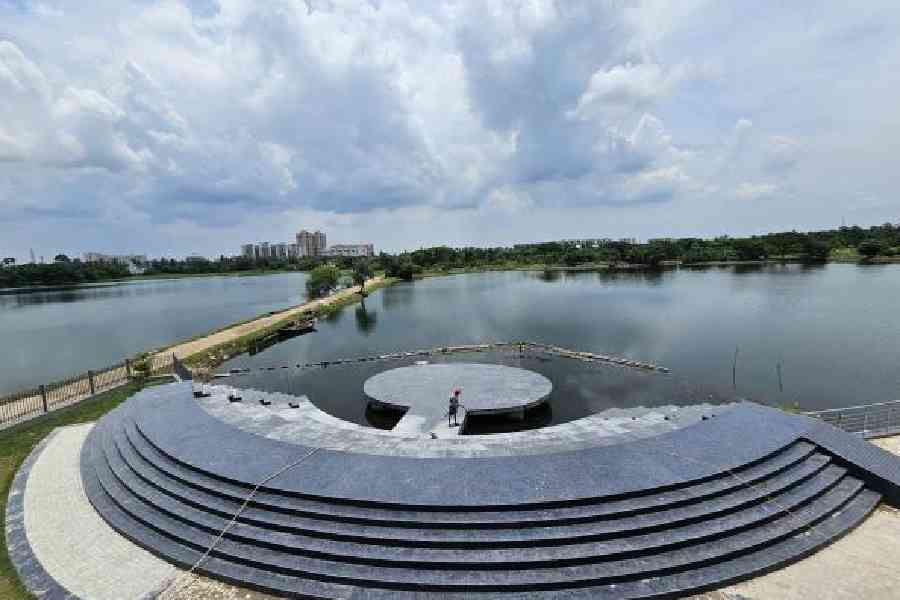 A top view of the open-air theatre jutting into the lake at Taranyo