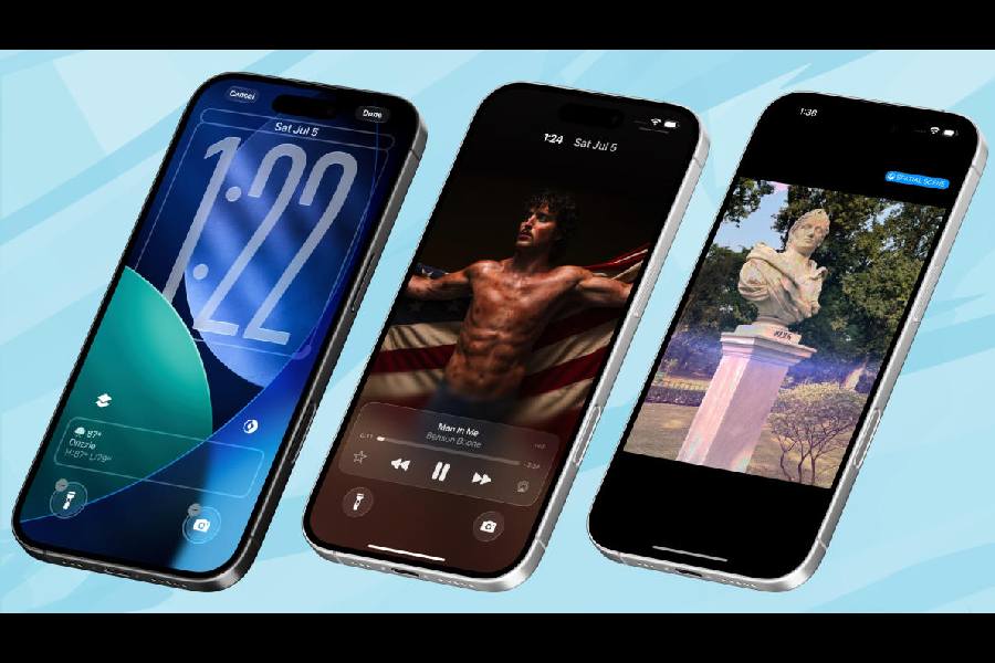 New features coming with iOS 26: (Left to right) More lock-screen customisations, Apple Music in lock-screen mode, and Spatial Scene feature being used.
