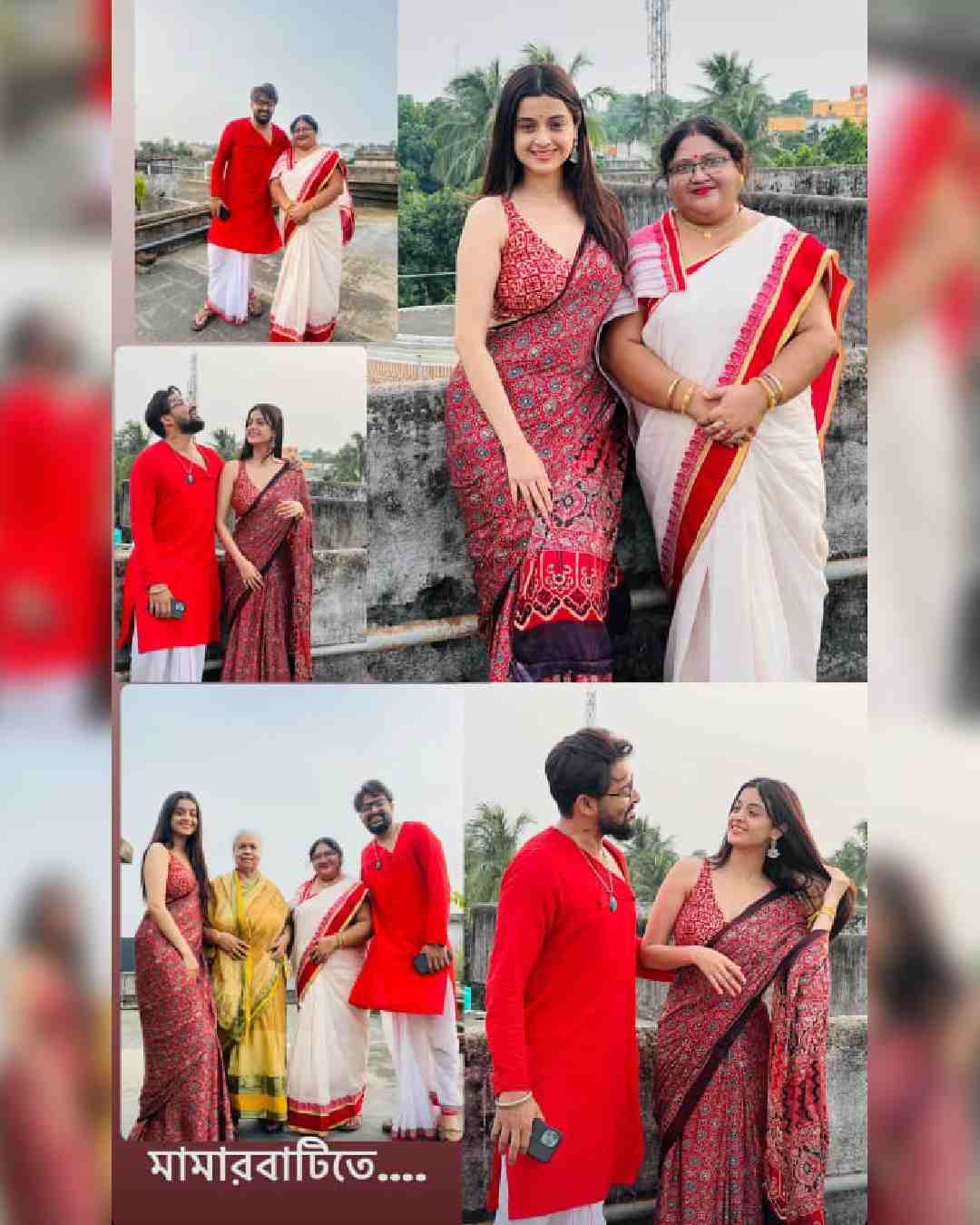 Actress Darshana Banik shared family pictures featuring her husband, actor Saurav Das. While Darshana looked gorgeous in a printed red sari, Saurav sported a bright red kurta. 