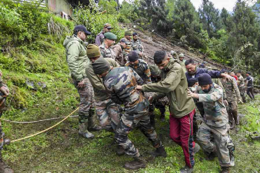 Rescue operation underway after a landslide hit a military camp at Chhaten in Sikkim.