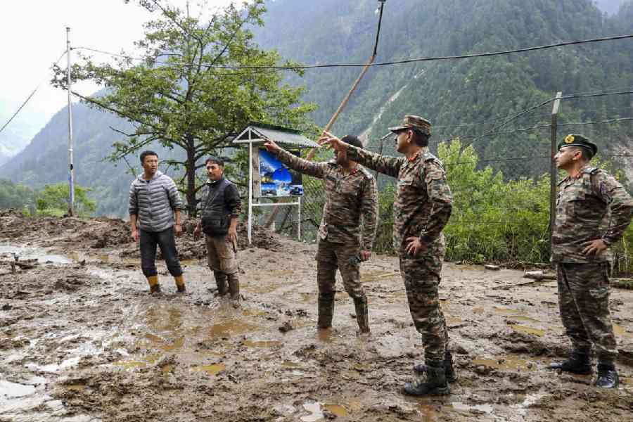 Rescue operations under way after a landslide hit a military camp at Chaten in Sikkim.