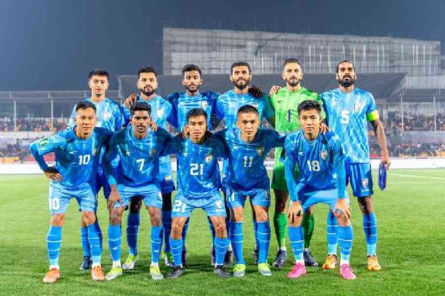 The Indian players, in this picture shared by the All India Football Federation, pose for the customary group picture before the AFC Asian Cup Qualifier match against Bangladesh in Shillong on March 25