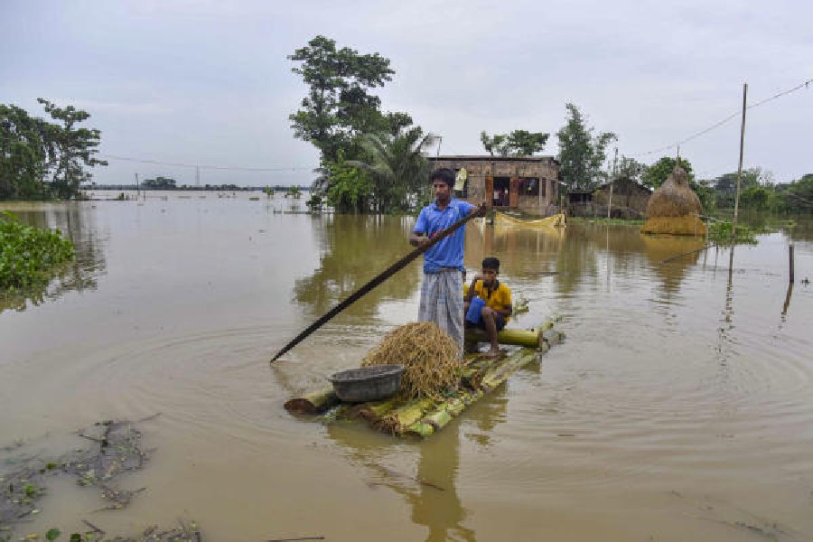 A man uses a banana raft to cross a flooded area after heavy downpour, at Jamunamukh area in Hojai district of Assam on Tuesday
