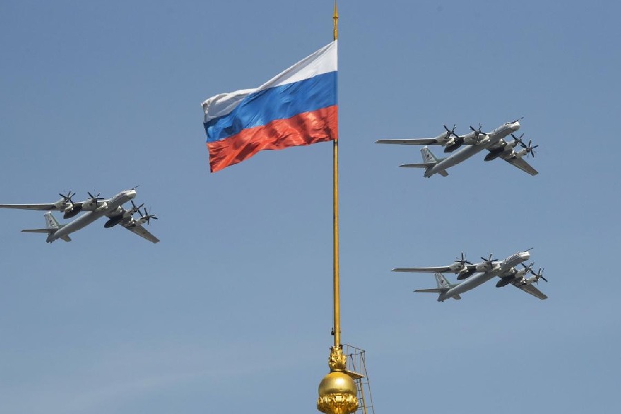 Russian Tu-95 long-range strategic bombers at a military parade rehearsal in Moscow in 2018.