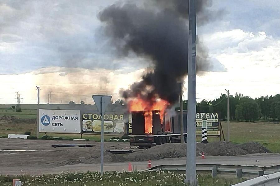 A photo released by Irkutsk governor Igor Kobzev’s Telegram channel on Sunday shows a burning truck apparently used to release Ukrainian drones.