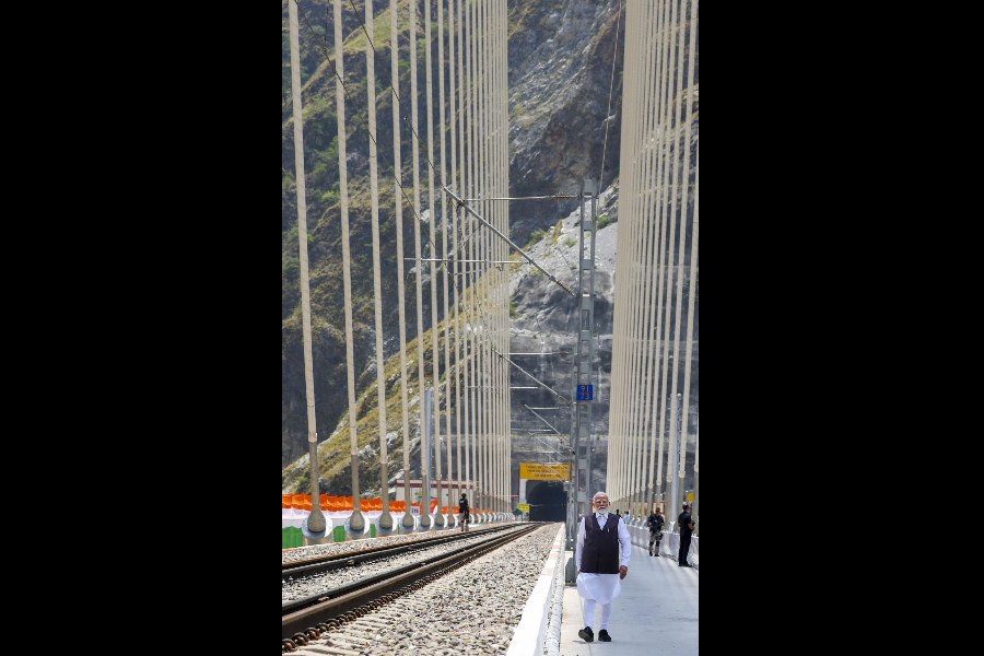 Prime Minister Narendra Modi inaugurates the Anji bridge in Reasi district of Jammu and Kashmir on Friday.