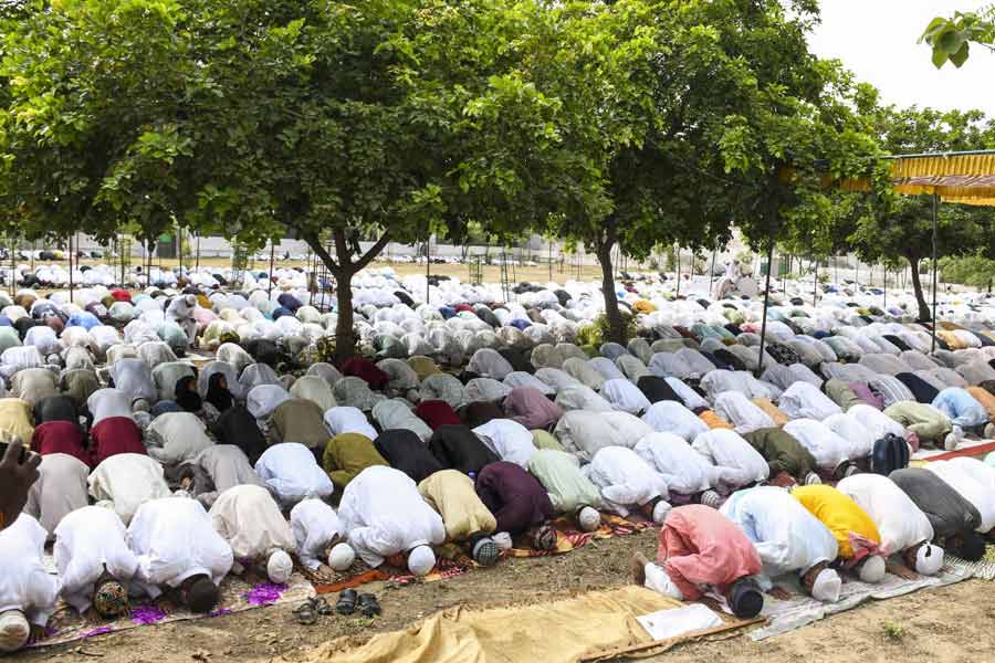 People offer ‘namaz’ on the occasion of ‘Eid-ul-Azha’ festival, in Prayagraj, Uttar Pradesh.