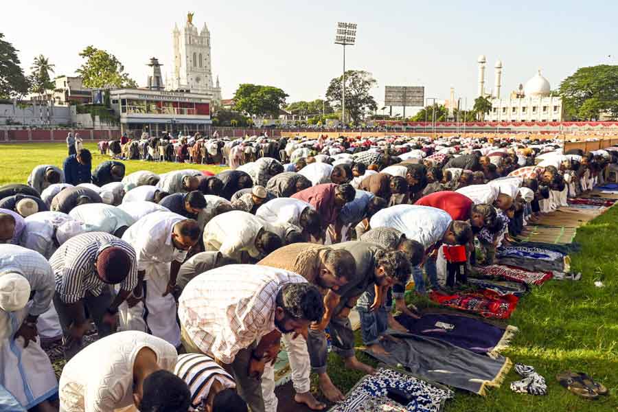 People offer ‘namaz’ on the occasion of ‘Eid-ul-Azha’ festival, at Chandrasekharan Nair Stadium, in Thiruvananthapuram, Kerala.
