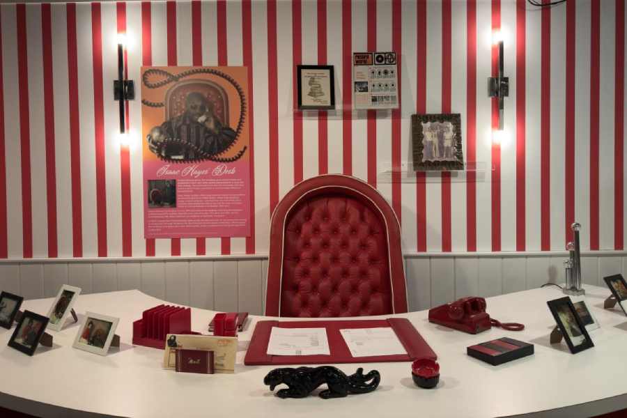At Stax, one highlight of the exhibit is Isaac Hayes’ massive white and red tufted-velvet desk and chair.
