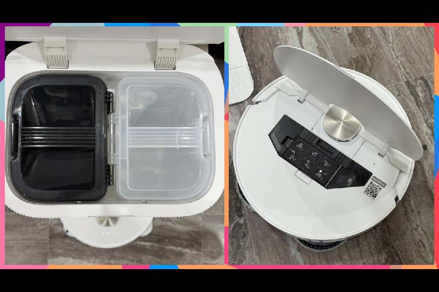 (Left) Tanks for collecting dirty water and storing clean water; the dust collection compartment on the robovac