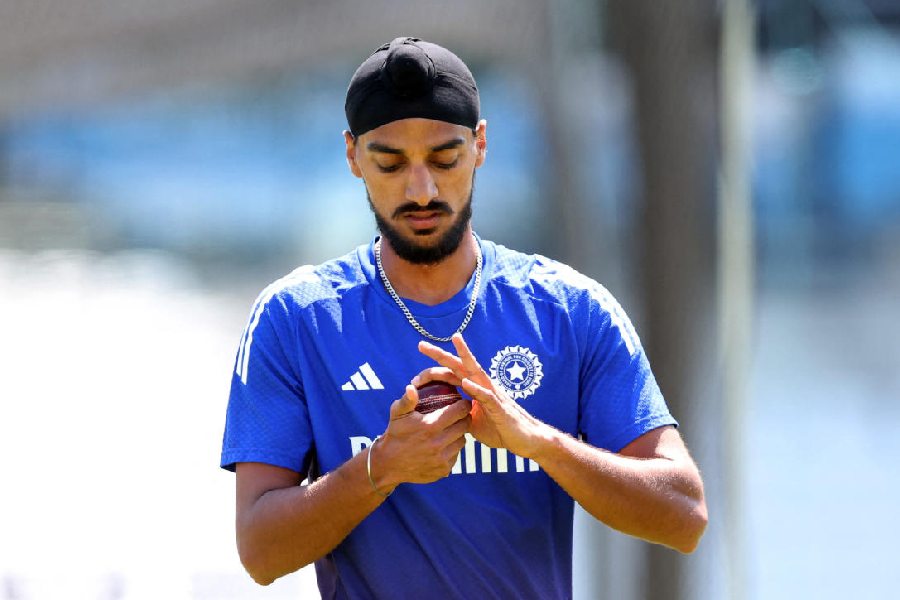Arshdeep Singh shines the ball at practice in Leeds on Thursday.
