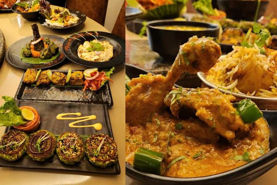 Broccoli Patty, Lemon Grass Mahi Tikka, Pahari Banjara Kebab, Chicken Cheese Reshmi Kebab. (Right) Jaipuri Chicken and Mutton Biriyani