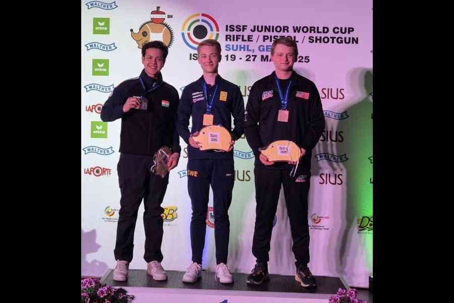 Adriyan Karmakar at the ISSF World Cup in Suhl, Germany after winning silver in 50m rifle prone